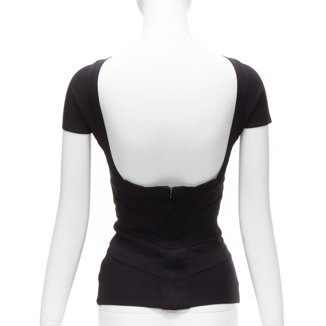 HERVE LEGER black V neck cut out chest cap sleeve bodycon bandage top XS