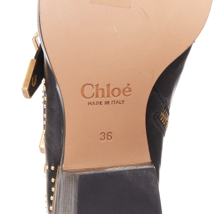 CHLOE Susanna black leather gold floral studded buckles grunge ankle boots EU36