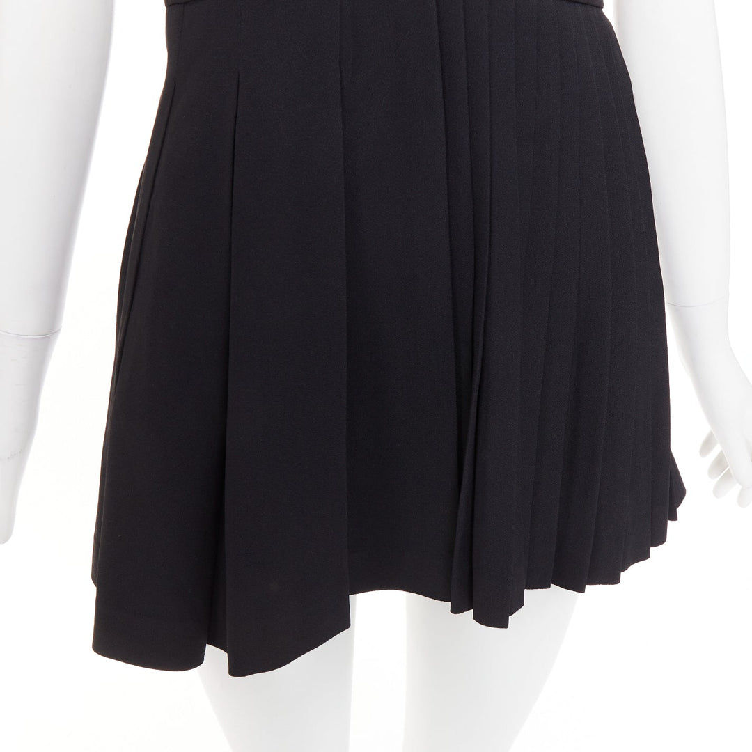 FAUSTO PUGLISI black crepe multi pleated cut out V neck mini dress IT38 XS