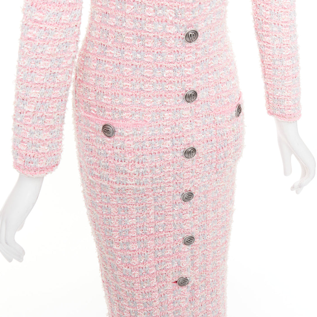 BALENCIAGA 2022 light pink stretch cotton tweed back to front midi dress XS