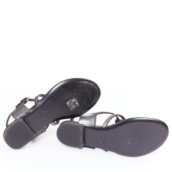 CHANEL black pony hair metallic leather CC charm T-strap thong flat sandals EU36