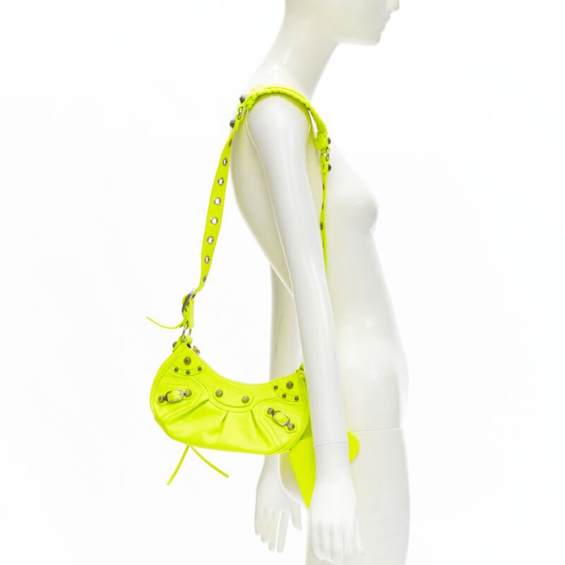 BALENCIAGA DEMNA LE Cagole XS neon yellow silver stud crossbody Motocross bag