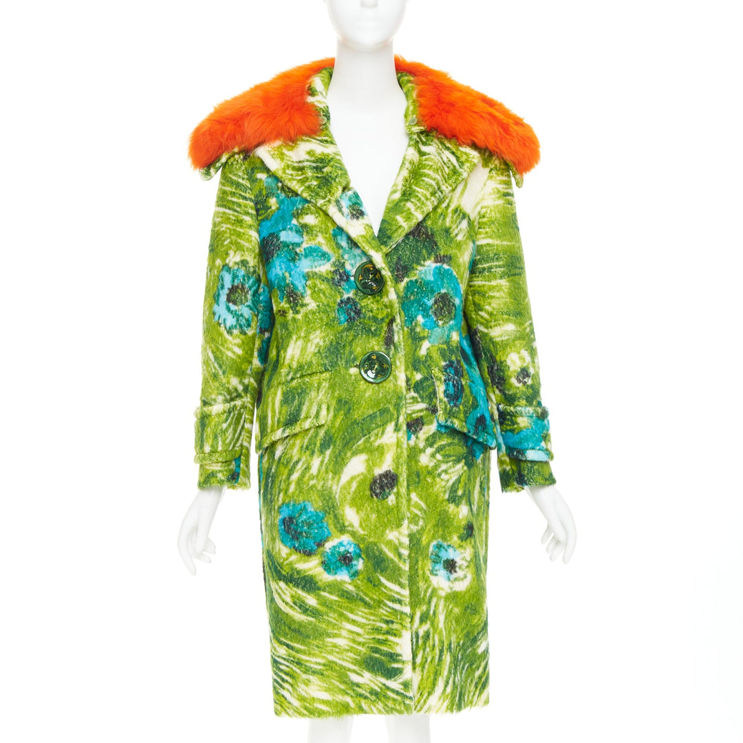 rare PRADA 2017 Runway alpaca wool green floral orange fur collar coat IT40 S