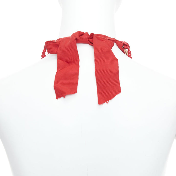 LANVIN H&M red metal chandelier ribbon tie back statement necklace