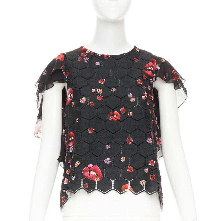 GIAMBA GIAMBATTISTA VALLI black red lady bugs lip embroidered  flutter top IT40