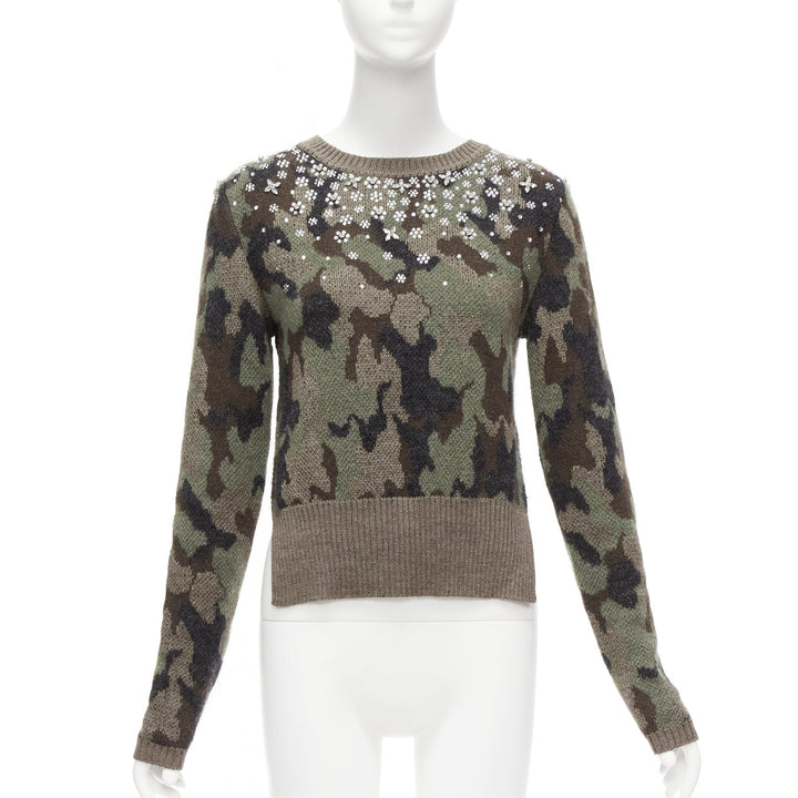 GIAMBATTISTA VALLI 2021 green camouflage mohair crystal jewel sweater IT42 S