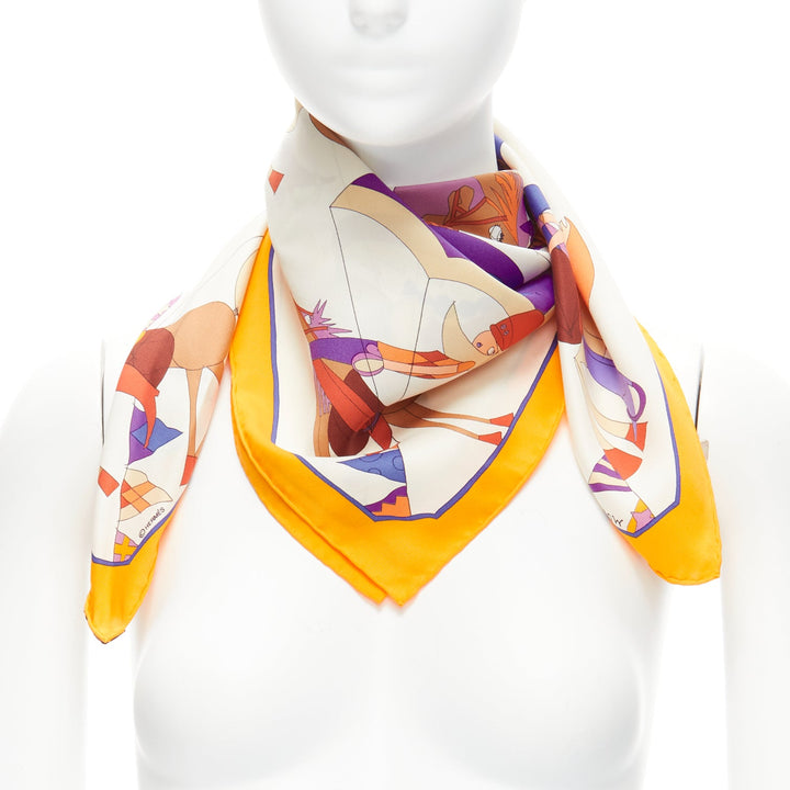 HERMES 100% silk Un Amour De Cheval print yellow purple scarf