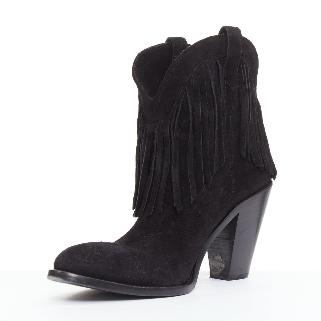 SAINT LAURENT Curtis 80 black suede fringe cuban heel western boots EU39.5