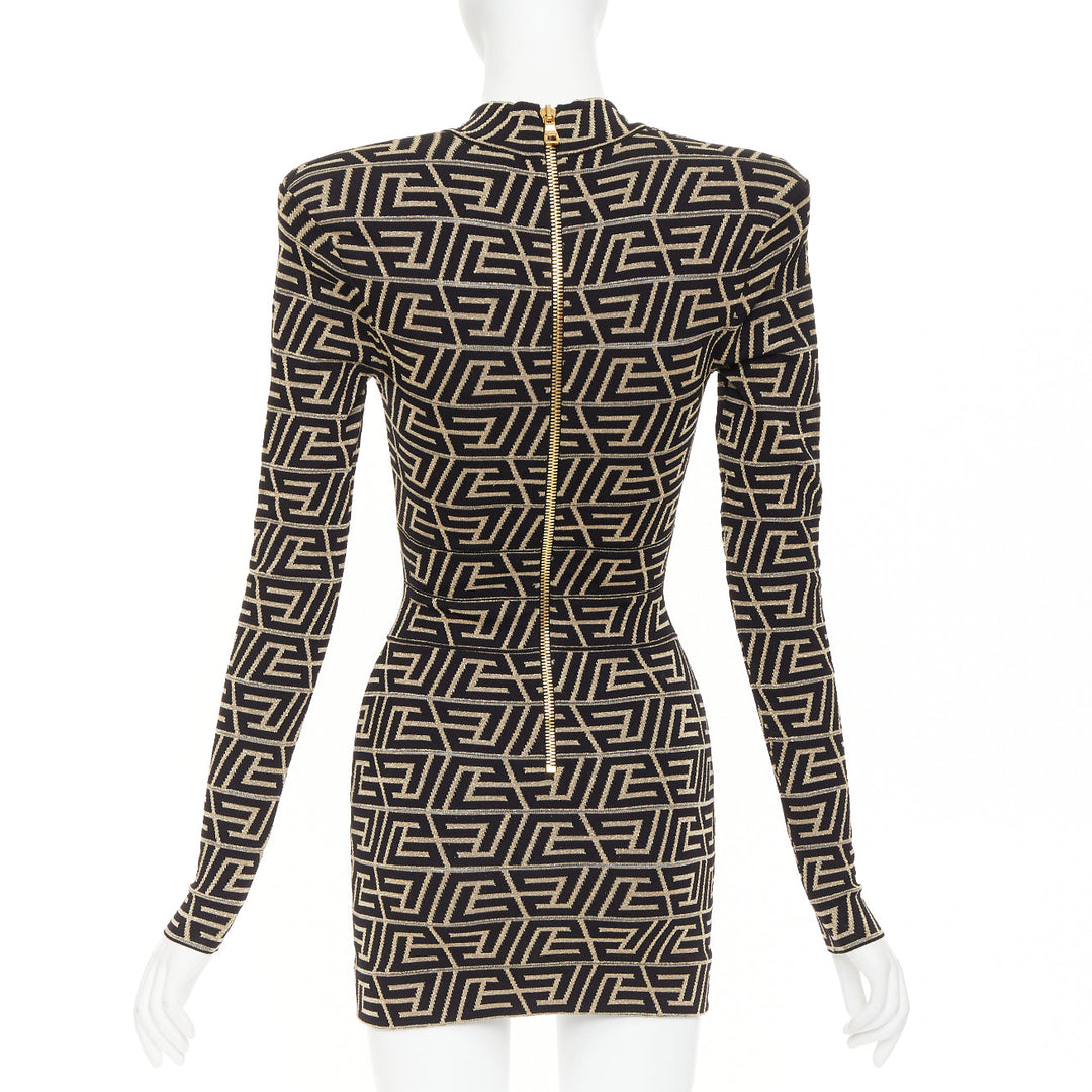 BALMAIN Monogram Knit Dress gold black geometric metallic brocade jersey dress