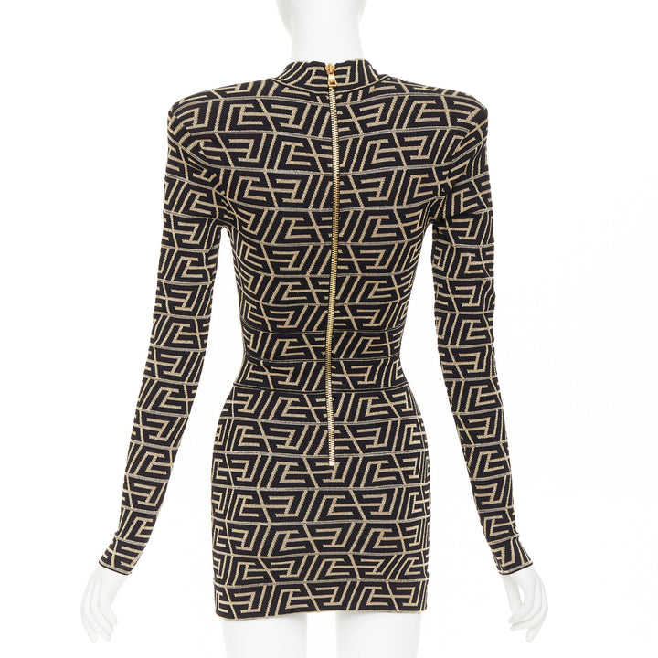 BALMAIN Monogram Knit Dress gold black geometric metallic brocade jersey dress