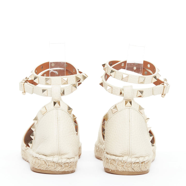 VALENTINO Rockstud cream leather gold stud double espadrille flats EU37