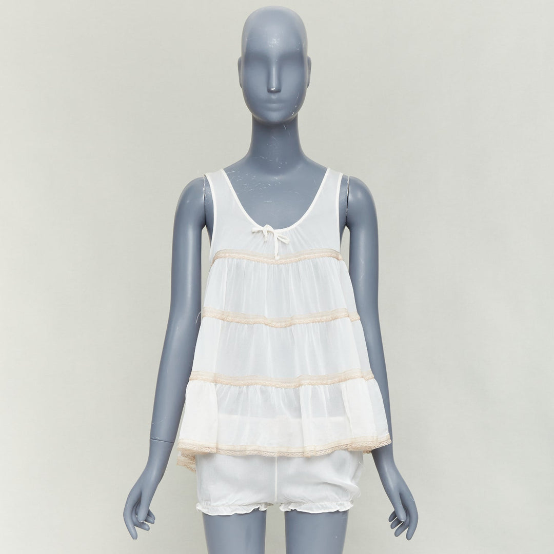 KIKI DE MONTPARNASSE silk cream babydoll bow tiered bloomer nightwear set M