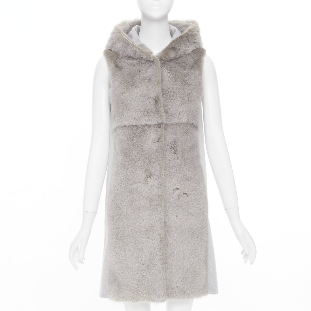 RIVER SKIN grey wool blend real fur panelled hooded long line gilet vest S
