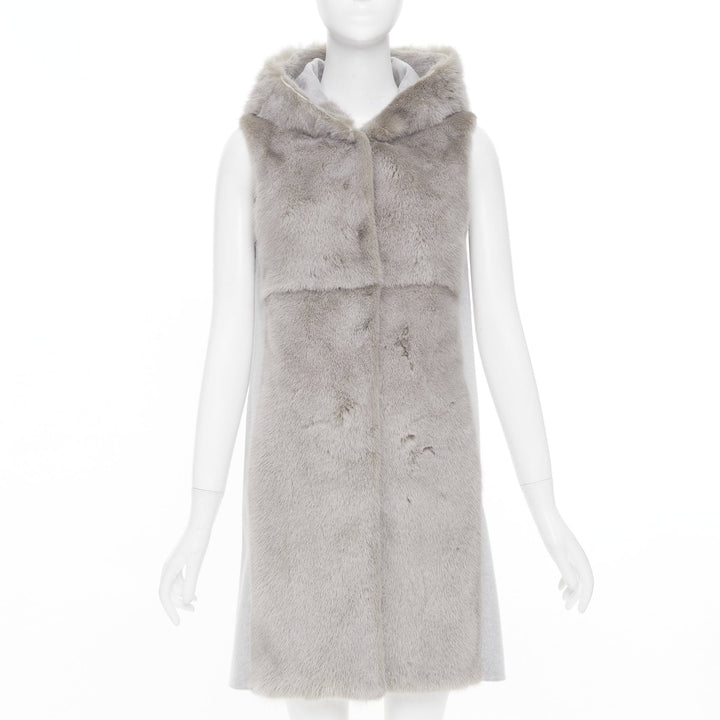 RIVER SKIN grey wool blend real fur panelled hooded long line gilet vest S
