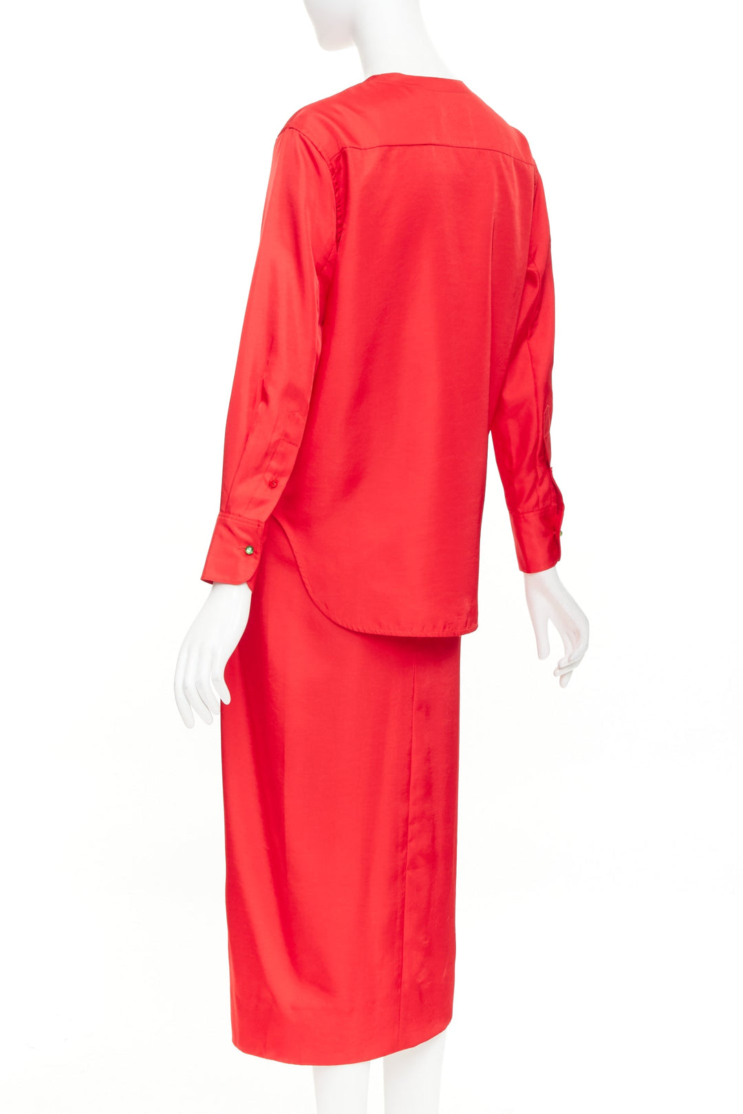 SAMUEL GUI YANG LABELHOOD red satin green button chinois sleeve top skirt set