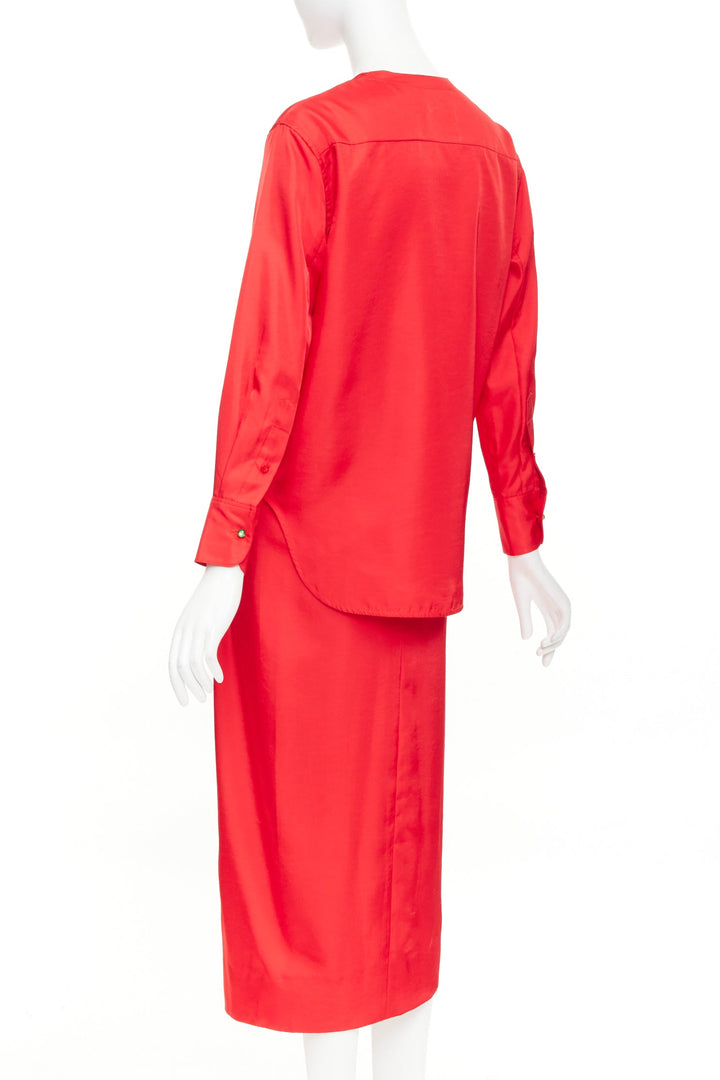 SAMUEL GUI YANG LABELHOOD red satin green button chinois sleeve top skirt set