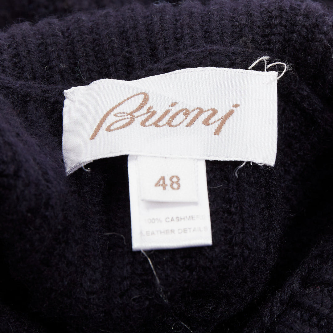 BRIONI 100% cashmere navy leather trim side button sweater IT48 M