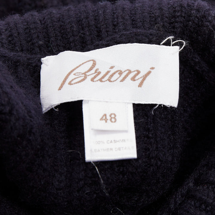 BRIONI 100% cashmere navy leather trim side button sweater IT48 M