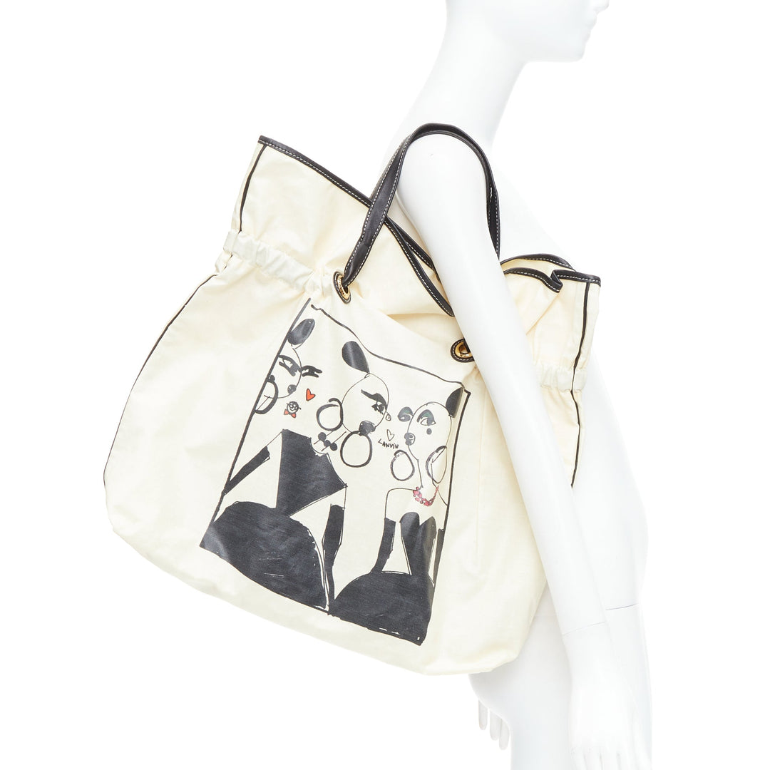 LANVIN 2008 beige coated canvas black drawstring cartoon print tote bag