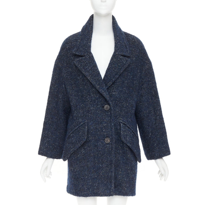 ISABEL MARANT ETOILE 2017 Osbert navy herringbone tweed collared coat FR36 S