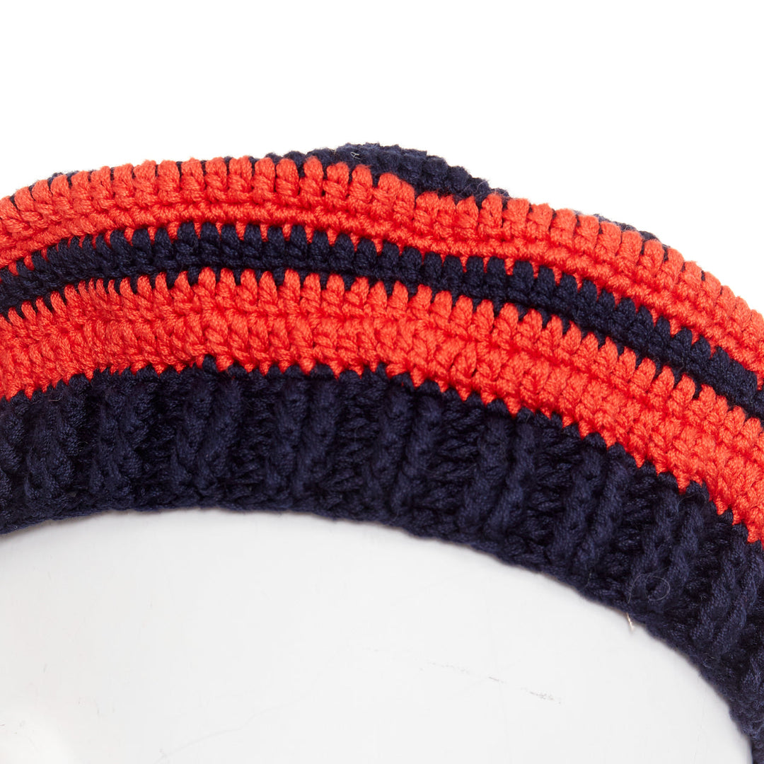 MIU MIU 2024 navy red white logo applique striped crochet knit beret hat M