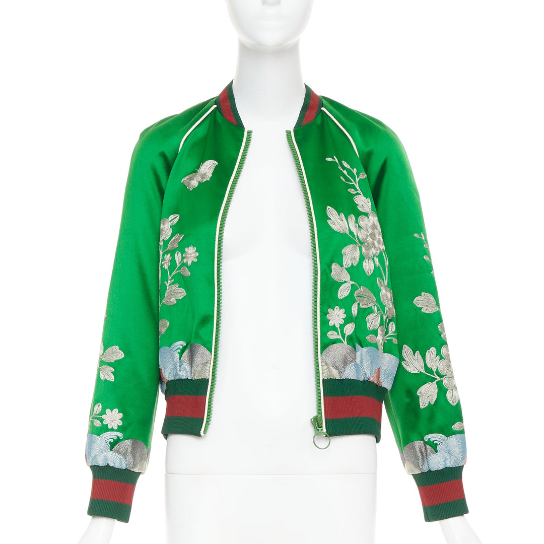 GUCCI 2016 Runway green duchess silk gold embroidery chinoiserie bomber IT40 S