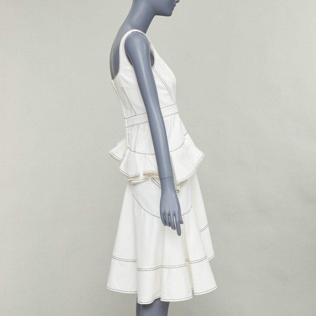 ALEXANDER MCQUEEN 2019 cream denim black topstitch ruffle peplum dress IT40 M