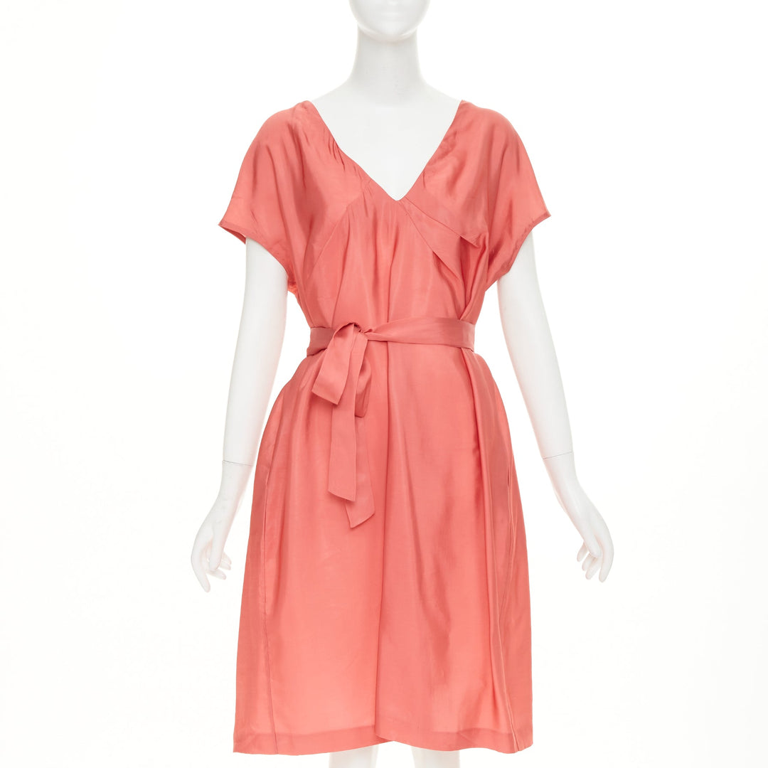 MARNI pink viscose blend draped v neck belted short sleeve mini dress IT44 L