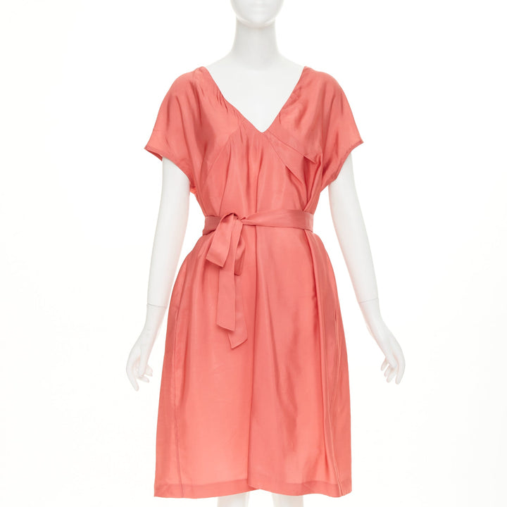 MARNI pink viscose blend draped v neck belted short sleeve mini dress IT44 L
