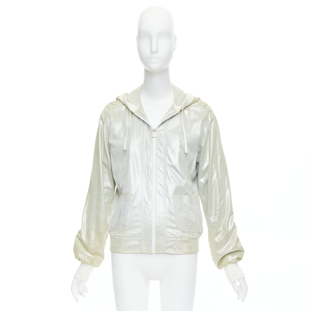 CHANEL 08P Vintage metallic lambskin leather rib trim hooded zip jacket FR38 M