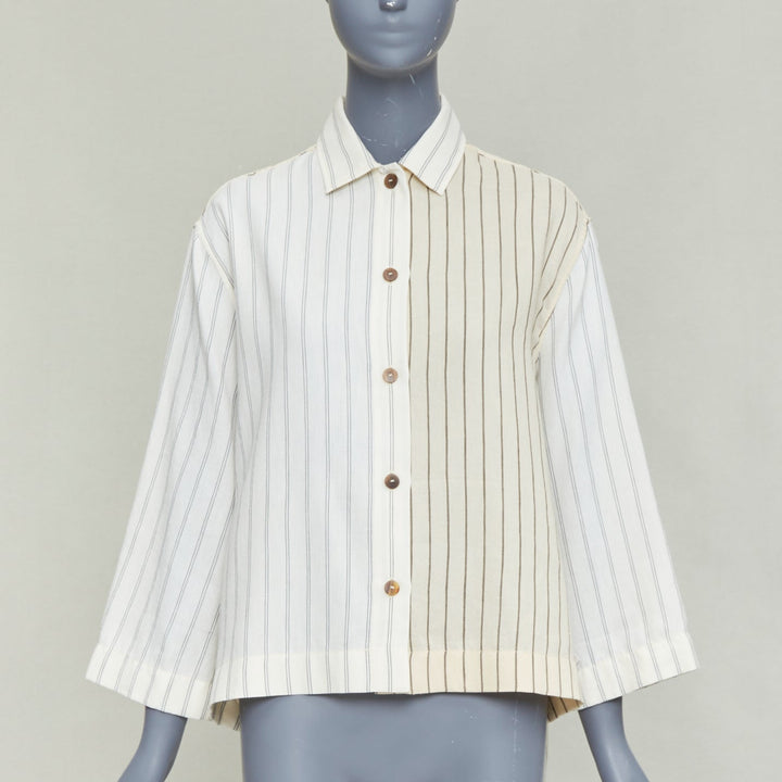 LOEWE JW ANDERSON cream cotton linen pinstripes boxy cropped shirt FR34 XS