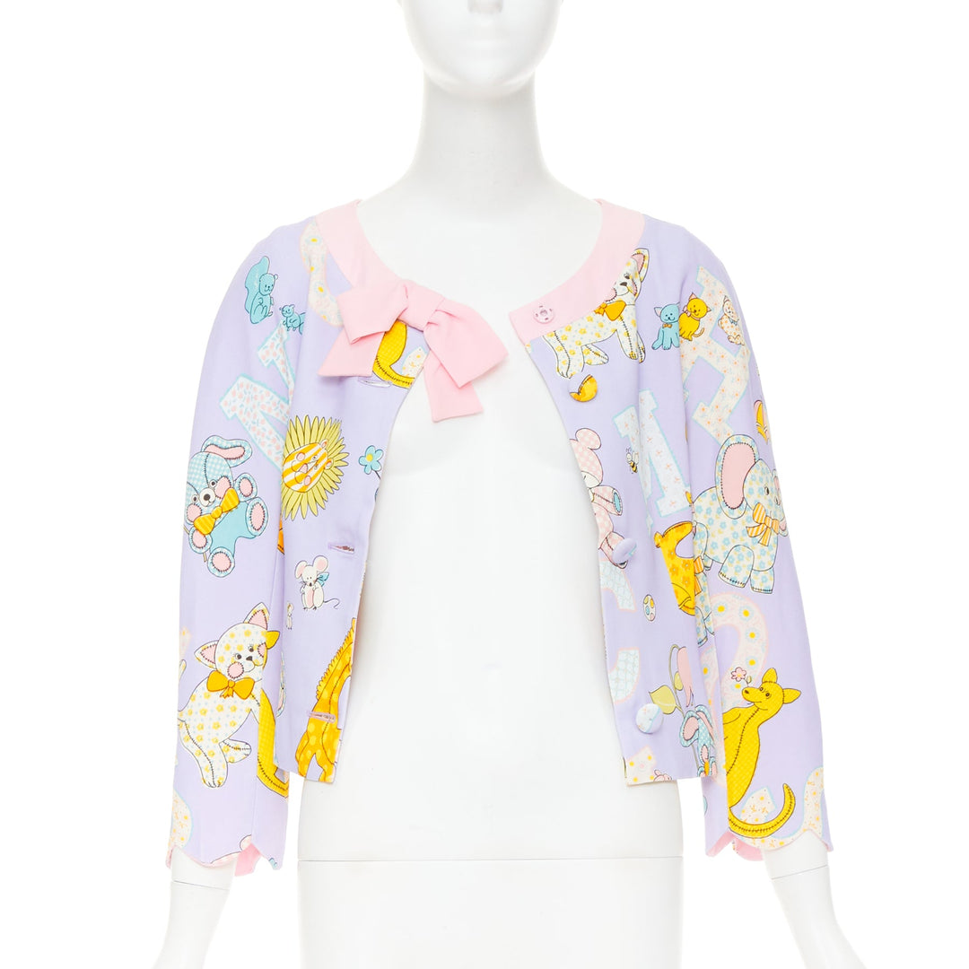 MOSCHINO COUTURE! 2022 Runway Calico Animals purple pink bow crop jacket IT44 L