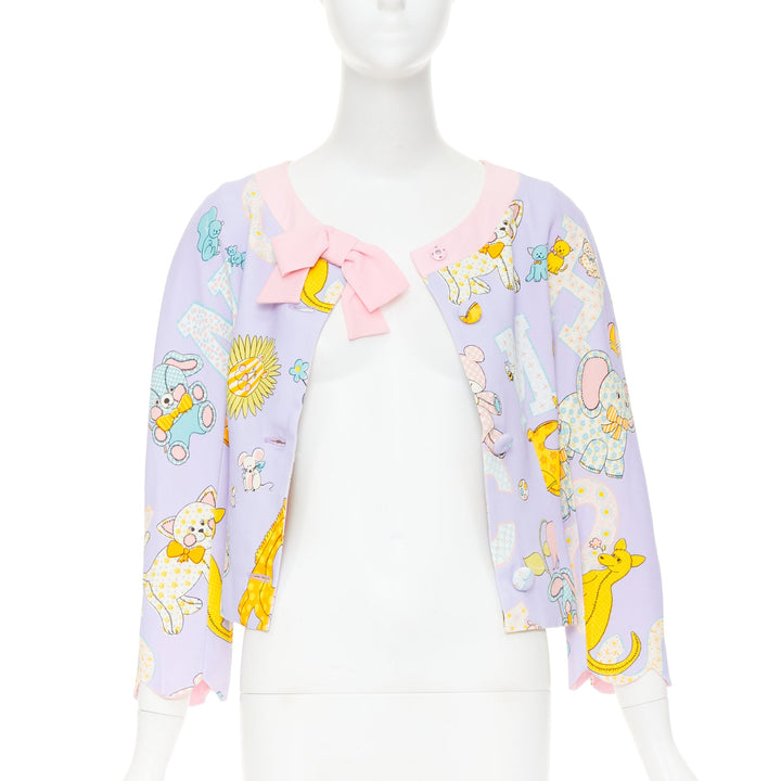 MOSCHINO COUTURE! 2022 Runway Calico Animals purple pink bow crop jacket IT44 L