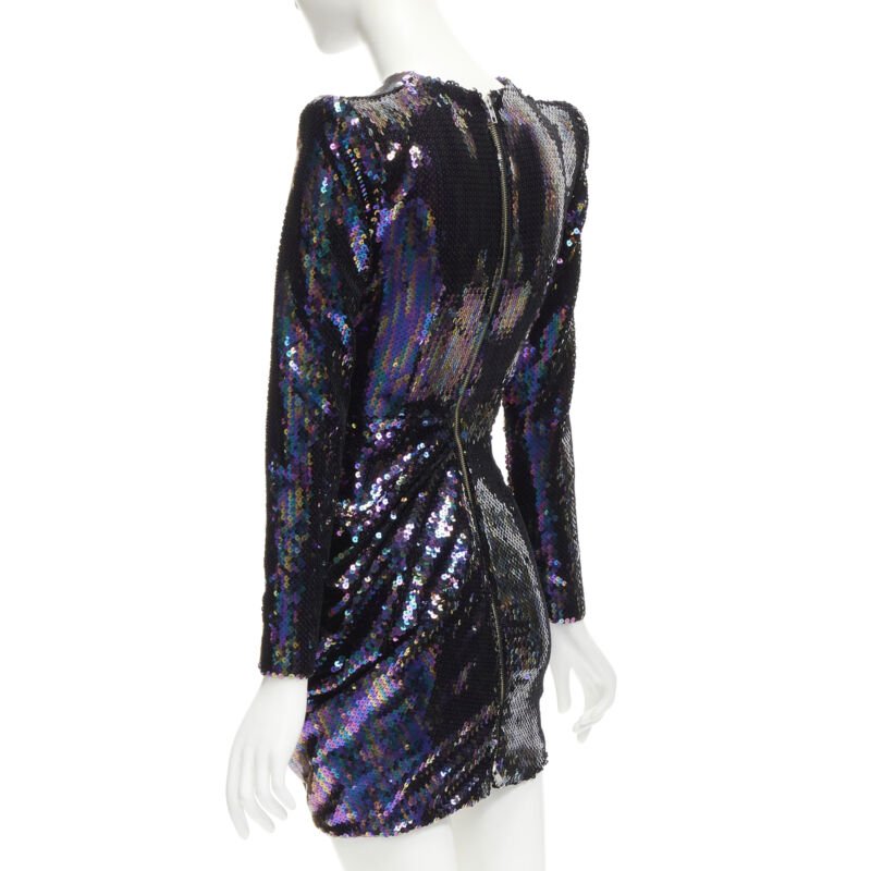 ALEX PERRY Iris petrol blue sequins shoulder padder draped mini dress UK6 S