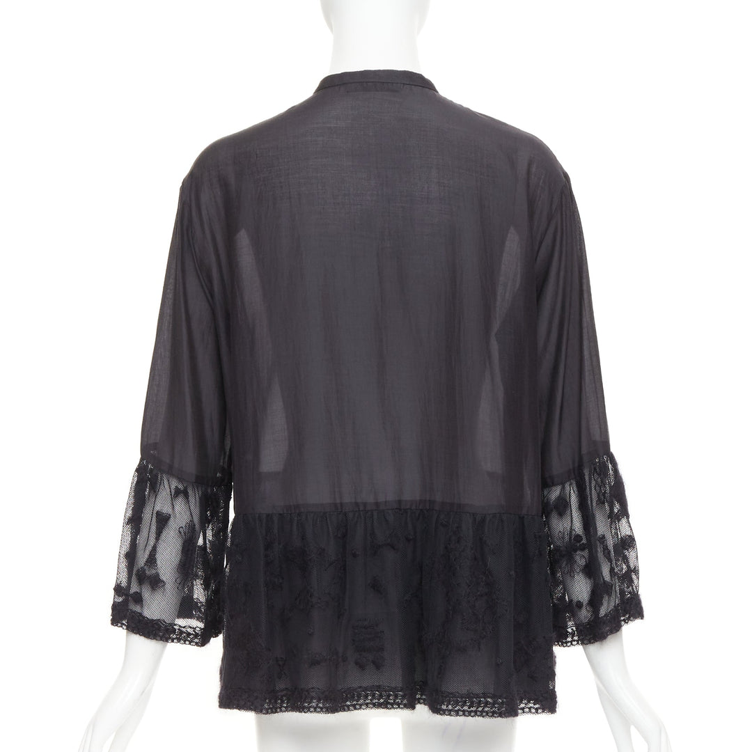 THE ROW black cotton silk fringed embroidered lace peplum sheer shirt US2 S