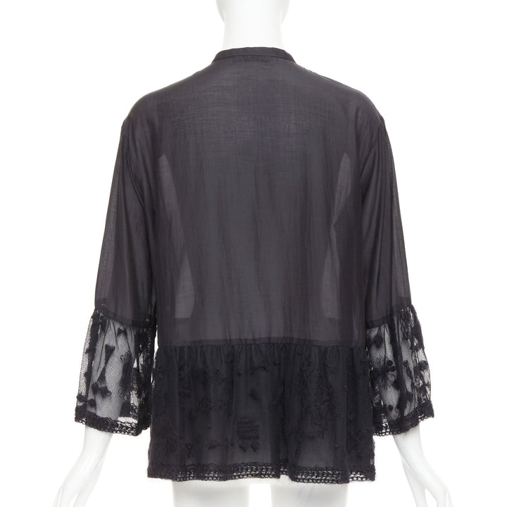 THE ROW black cotton silk fringed embroidered lace peplum sheer shirt US2 S