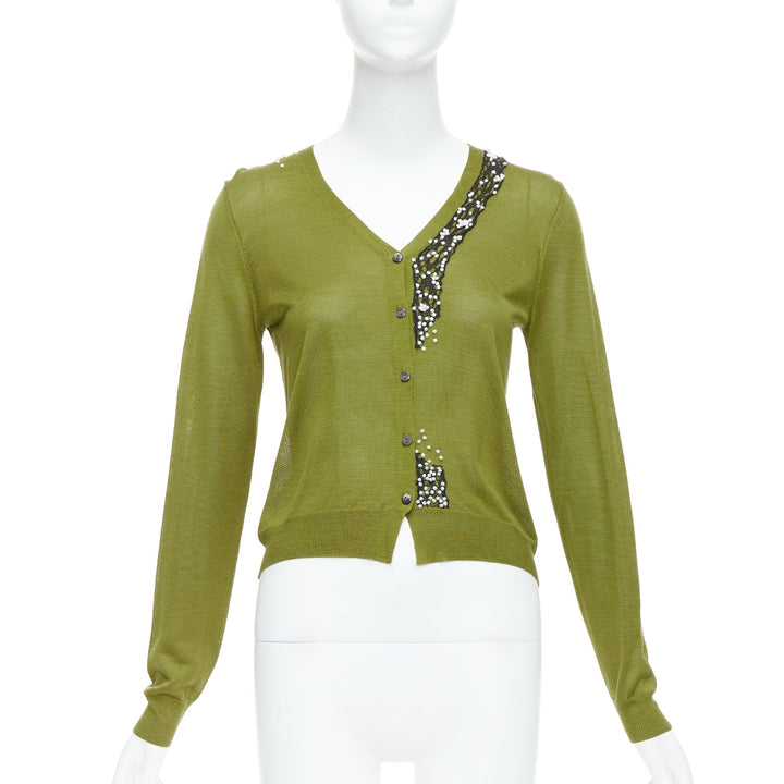 DRIES VAN NOTEN green silk linen bead applique cardigan sweater S