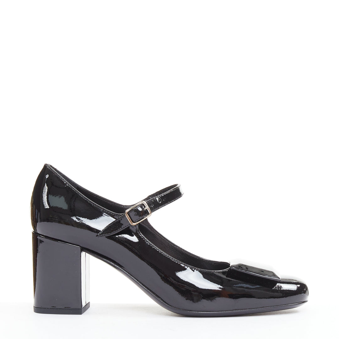 SAINT LAURENT black patent square brooch maryjane kitten pumps EU37.5