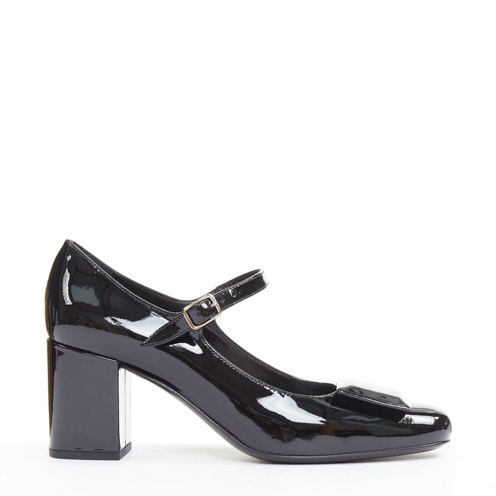 SAINT LAURENT black patent square brooch maryjane kitten pumps EU37.5