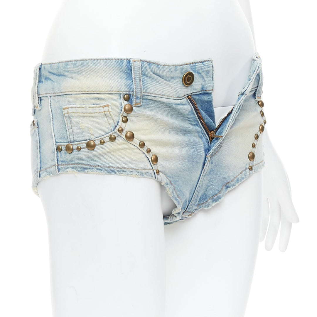 BLUMARINE 2024 blue washed bronze studded high cut micro shorts IT38 XS