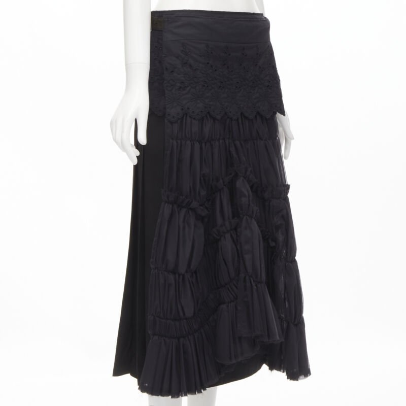 COMME DES GARCONS 2001 black floral embroidery anglais shirred pleated skirt S