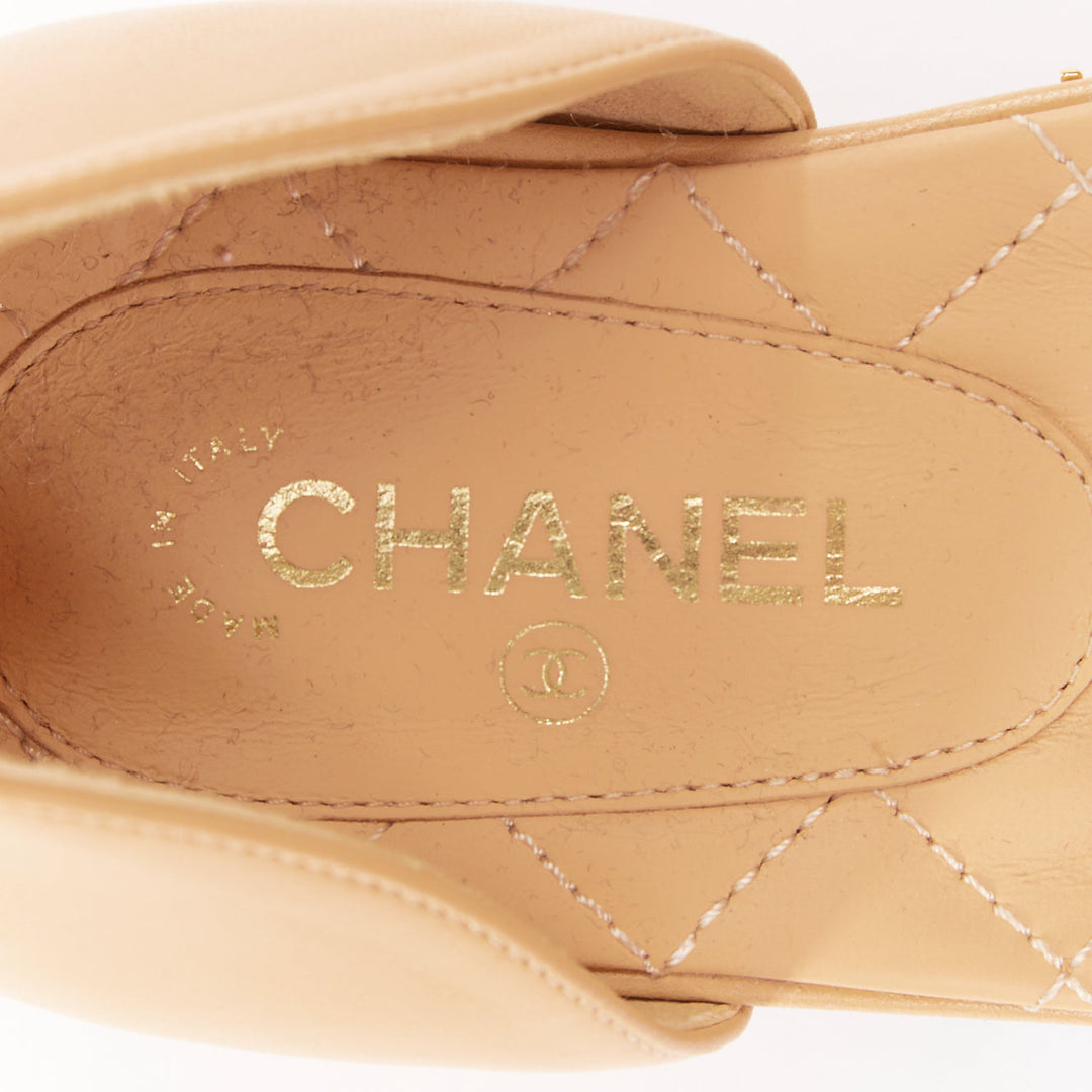 CHANEL nude quilted lambskin leather CC logo cap toe mary jane pumps EU39