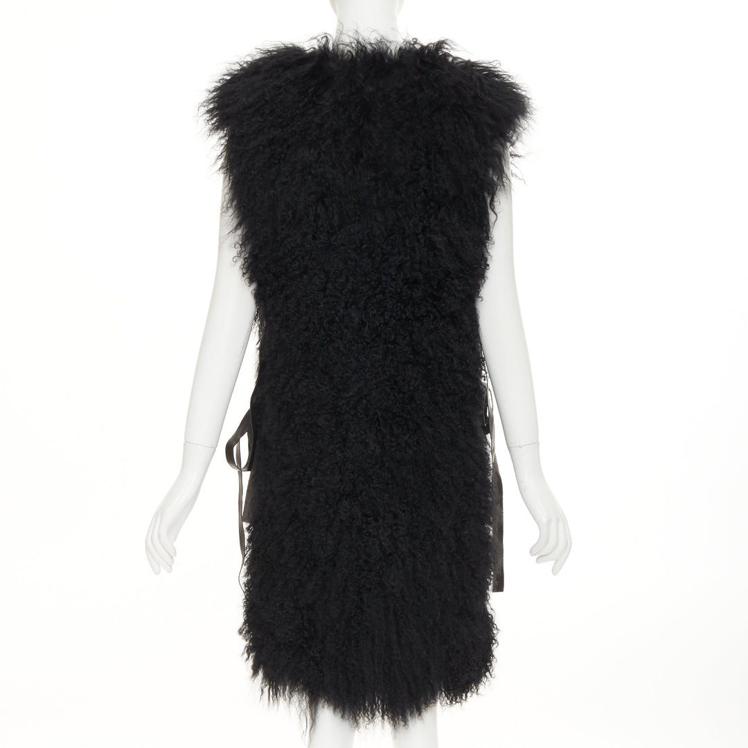 GIVENCHY black Mongolia shearling fur leather ribbon high low vest coat IT36 XXS