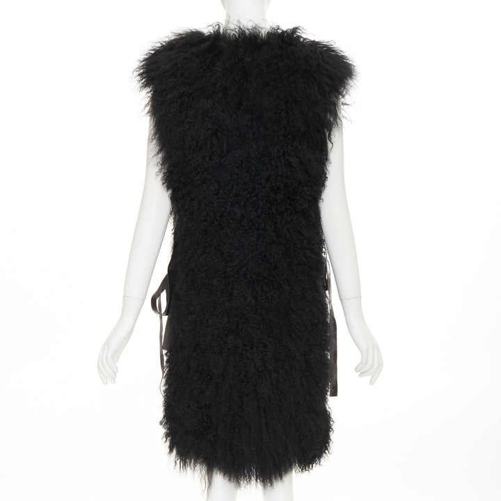 GIVENCHY black Mongolia shearling fur leather ribbon high low vest coat IT36 XXS