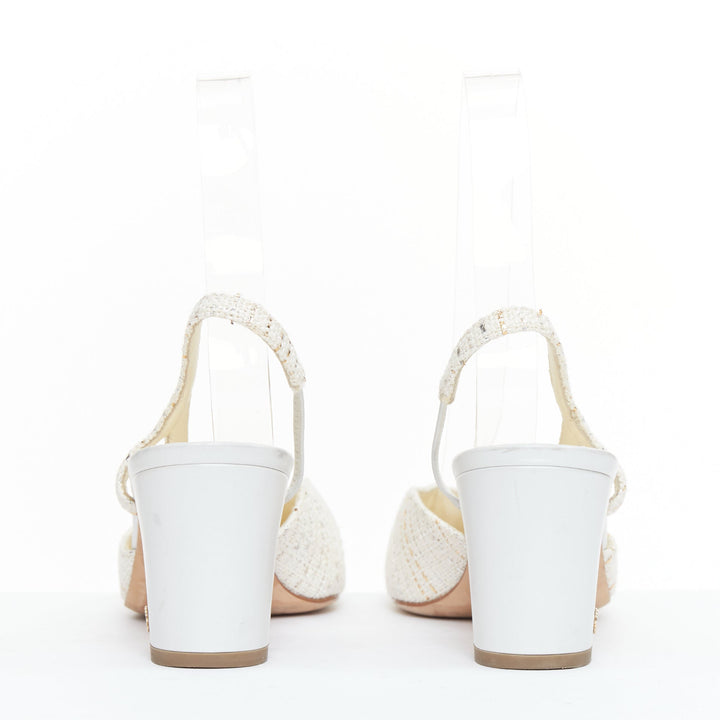 CHANEL white silver gold metallic tweed CC logo block slingback pumps EU39