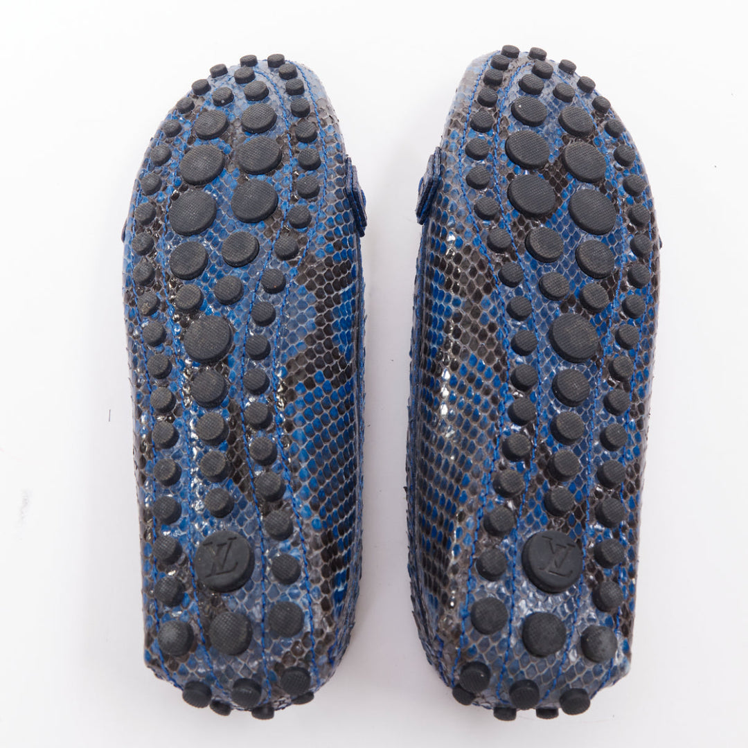 LOUIS VUITTON Dauphine blue polished snake leather gold LV logo loafers EU37