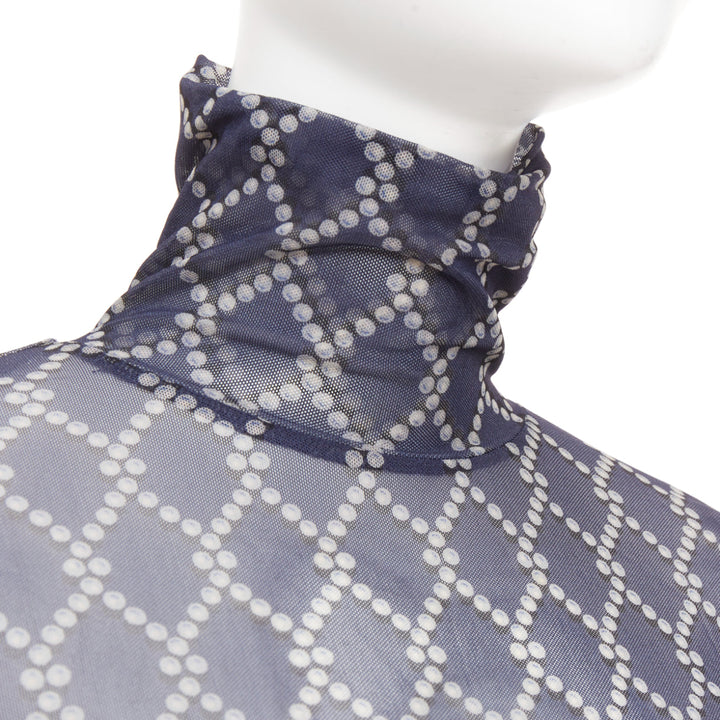 DRIES VAN NOTEN navy blue pearl diamond print high neck sheer top S
