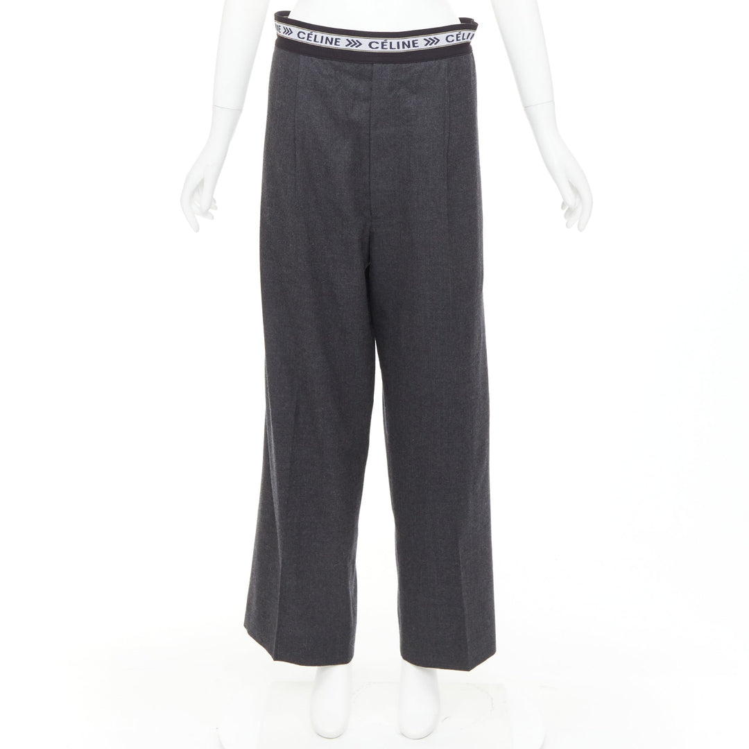 CELINE Phoebe Philo grey wool logo waistband wide leg trousers FR34 XS