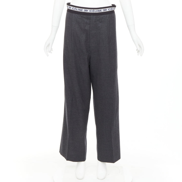 CELINE Phoebe Philo grey wool logo waistband wide leg trousers FR34 XS