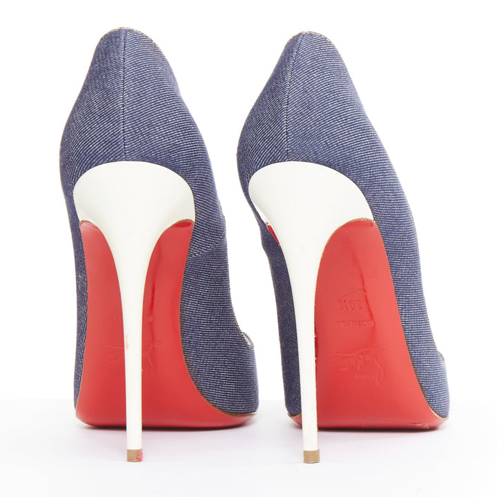 CHRISTIAN LOUBOUTIN So Kate 120 blue indigo denim white heel pumps EU39.5